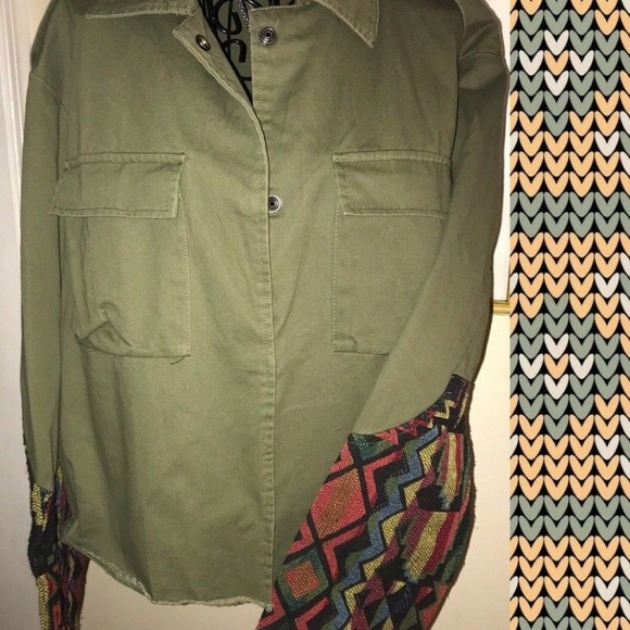 SHEIN GREEN COTTON JACKET W/SOUTHWEST SLEEVES~LARG - Picture 4 of 5